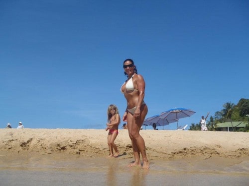 Rhonda and Hanalei on the beach in Pipa, Brazil