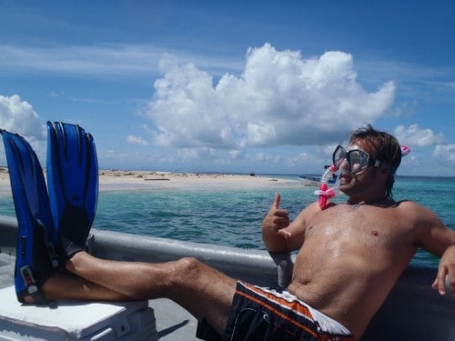 Brian with snorkel and flippers on a boat in Bocas del Toro Panama